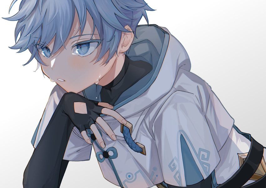 1boy bishounen blue_eyes blue_hair chongyun_(genshin_impact) genshin_impact highres male_focus nakura_hakuto shirt short_hair simple_background slit_pupils solo sweat sweatdrop upper_body white_background white_shirt