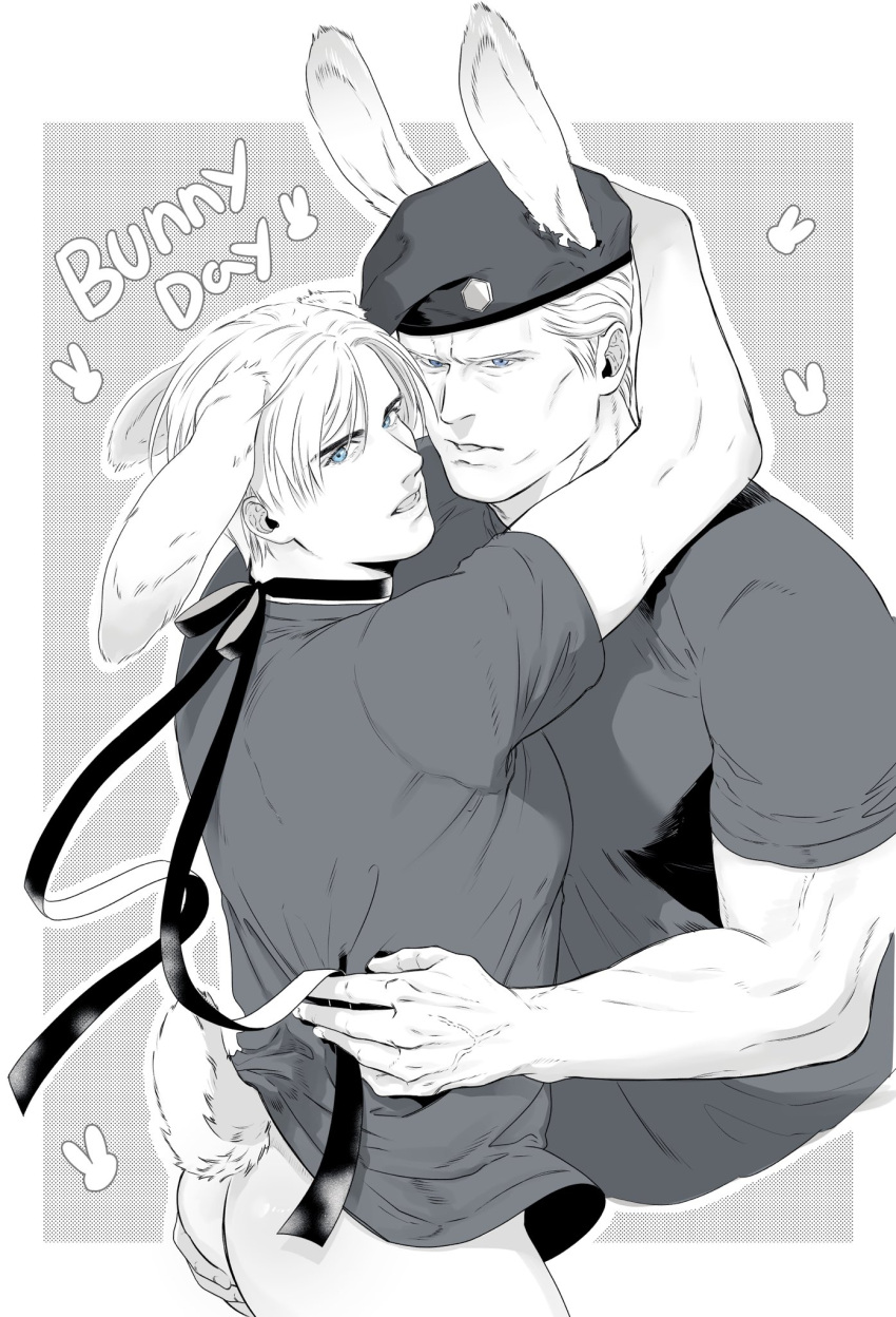 2boys animal_ears ass bara beret bottomless couple english_text greyscale hand_on_another's_ass hat highres jack_krauser large_pectorals leon_s._kennedy looking_at_viewer male_focus monochrome multiple_boys muscular muscular_male naked_shirt pectorals rabbit_boy rabbit_ears rabbit_tail resident_evil resident_evil_4 resident_evil_4_(remake) shirt short_hair tail ya2der2 yaoi