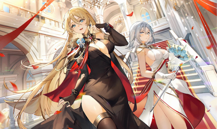 2girls aiguillette anniversary arch architecture azur_lane bismarck_(azur_lane) bismarck_(beacon_of_the_iron_blood)_(azur_lane) black_dress blonde_hair blue_eyes blue_flower blush bouquet breasts cape chandelier cleavage coat_of_arms commentary_request cross dress epaulettes evening_gown falling_petals fingerless_gloves flower gloves grey_hair hair_between_eyes highres holding holding_bouquet holding_scepter indoors iron_blood_(emblem) iron_cross kuuus large_breasts long_hair medallion multiple_girls official_art open_mouth petals red_carpet scepter short_hair single_epaulette skirt stairs thighhighs tirpitz_(azur_lane) tirpitz_(iron_blood_snowstorm)_(azur_lane) white_dress window