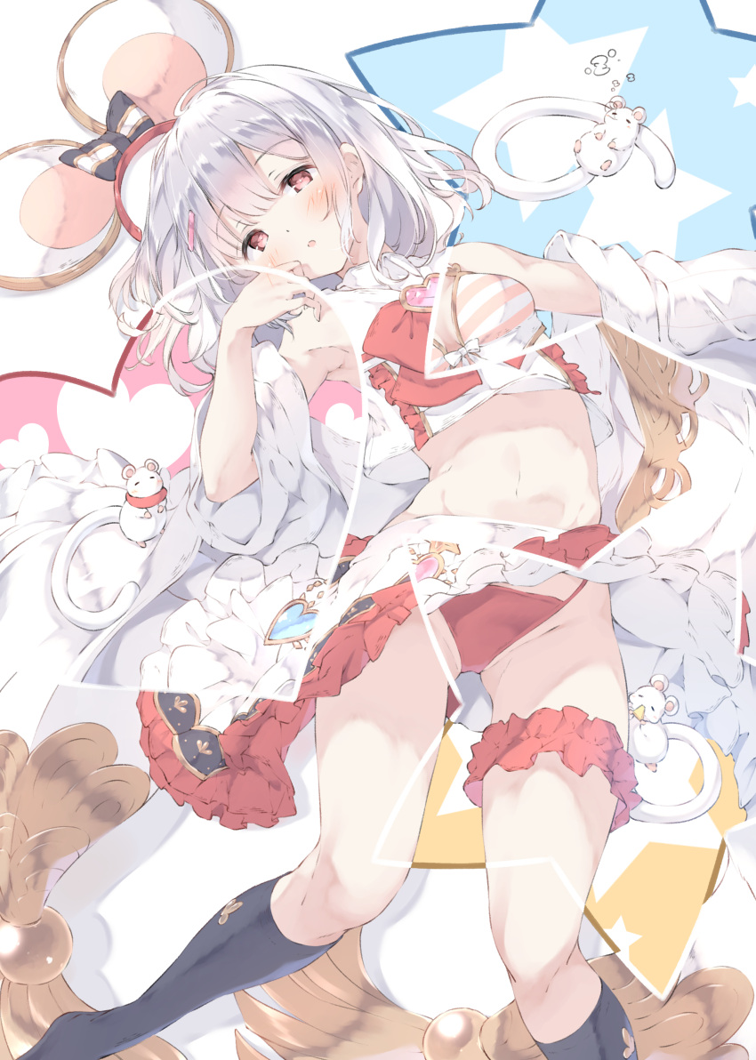 1girl absurdres animal_ears bikini black_socks blush bridal_garter cheese collared_shirt cropped_shirt fake_animal_ears food gem granblue_fantasy hairband_removed heart heart-shaped_gem highres kneehighs midriff mouse navel no_shoes red_eyes red_garter revealing_layer shirt socks star_(symbol) striped striped_bikini swimsuit ukiwakisen vikala_(blooming_summer_wallflower)_(granblue_fantasy) vikala_(granblue_fantasy) white_hair white_shirt