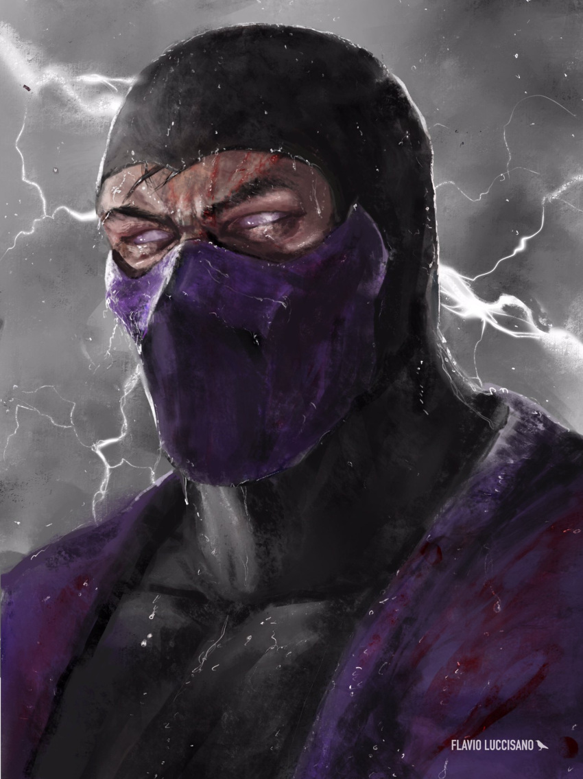 1boy artist_name commentary english_commentary flavioluccisano grey_sky highres lightning male_focus mask mortal_kombat ninja outdoors portrait purple_eyes rain_(mortal_kombat) solo wet