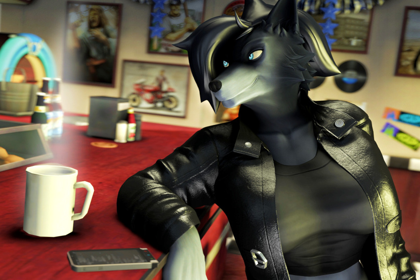 2022 3d_(artwork) anthro beverage black_hair blue_eyes breasts canid canine canis clothing coffee detailed_background digital_media_(artwork) diner female fur grey_body grey_fur hair hi_res inside jacket jukebox katie_(viper-desires) mammal midriff multicolored_body multicolored_fur phone smile solo source_filmmaker topwear two_tone_body two_tone_fur viper-desires white_body white_fur wolf