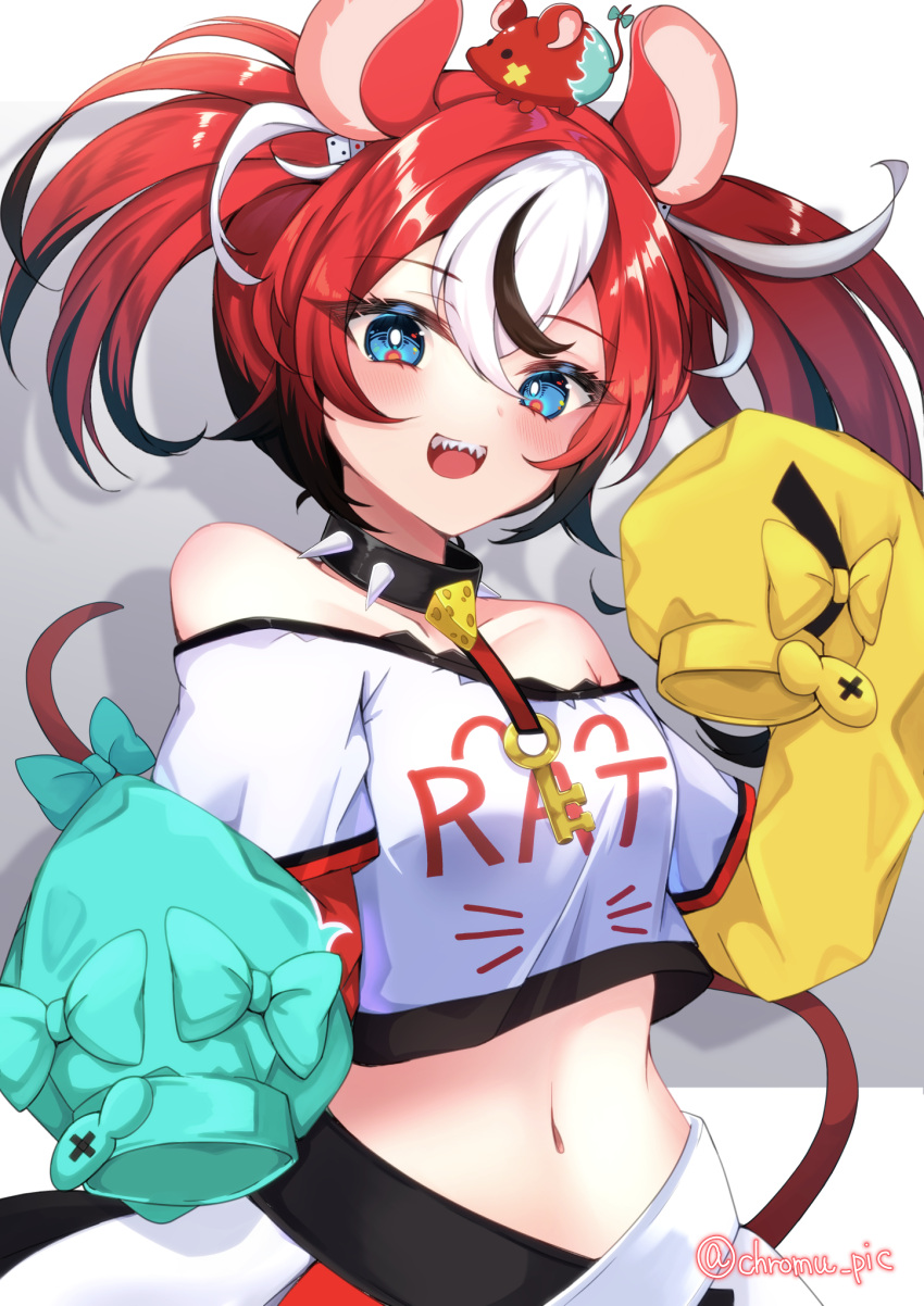 1girl animal_ears black_choker black_hair blue_sleeves breasts choker clothes_writing detached_sleeves dice_hair_ornament hair_ornament hakos_baelz hakos_baelz_(1st_costume) highres hololive hololive_english long_hair mouse_ears mouse_girl mouse_tail mr._squeaks_(hakos_baelz) multicolored_clothes multicolored_hair multicolored_skirt navel open_mouth red_hair red_skirt sharp_teeth shirokumo_kuromu skirt sleeves_past_fingers sleeves_past_wrists small_breasts smile spiked_choker spikes strapless streaked_hair tail teeth tube_top twintails upper_teeth_only virtual_youtuber white_hair white_skirt white_tube_top yellow_sleeves