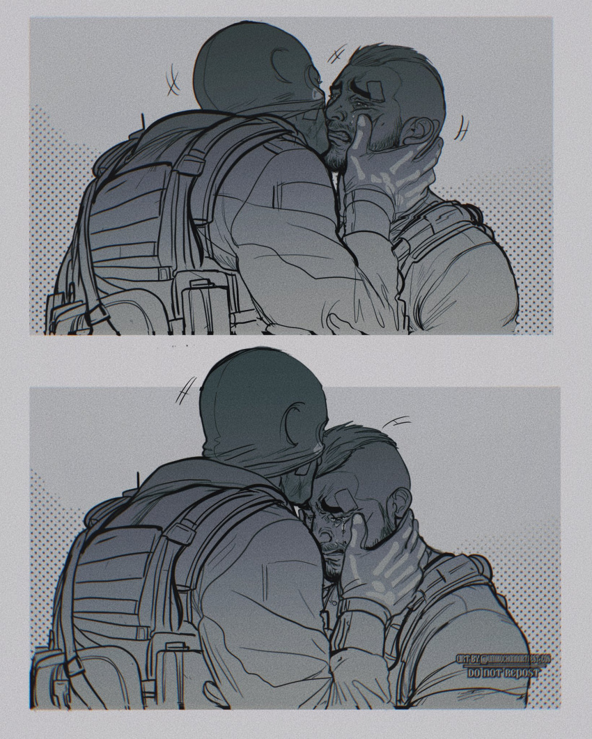 2boys bandaid bandaid_on_face bandaid_on_forehead bulletproof_vest call_of_duty call_of_duty:_modern_warfare_2 closed_eyes comforting couple crying facial_hair ghost_(modern_warfare_2) gloves greyscale highres jacket kiss kissing_cheek kissing_forehead male_focus mask mask_lift monochrome multiple_boys short_hair sidecut soap_(modern_warfare_2) streaming_tears tears twitter_username umikochannart upper_body yaoi