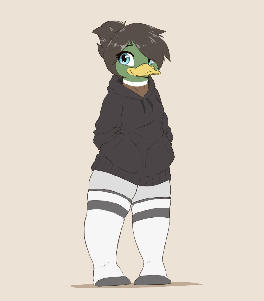 anas anatid anseriform anthro avian bird black_clothing black_hair black_hoodie black_topwear blue_eyes breasts brown_body clothed clothing dabbling_duck digital_media_(artwork) duck eyebrows eyelashes feet female footwear front_view full-length_portrait fully_clothed green_body hair hand_in_pocket hi_res hoodie legwear looking_away looking_back louart mallard mammal pockets portrait simple_background smile socks solo standing topwear