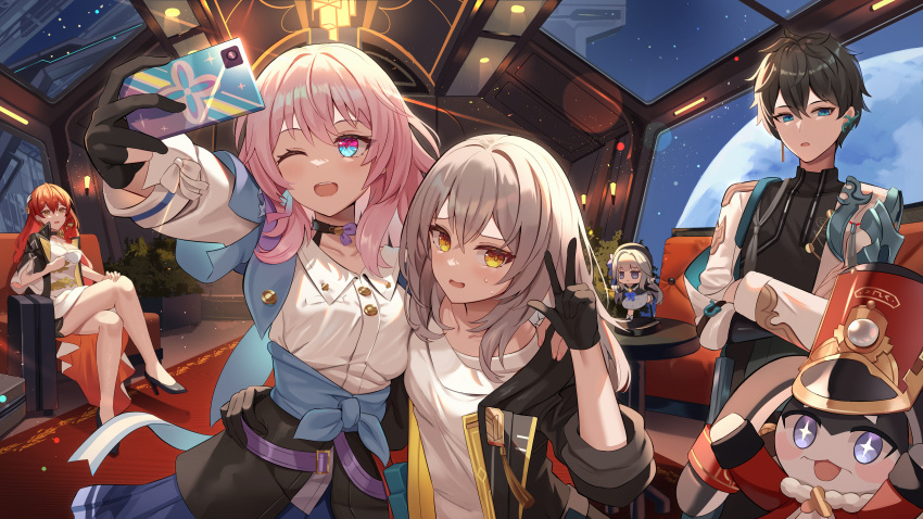 +_+ 1boy 1other 3girls absurdres black_gloves blue_eyes brown_hair cellphone character_doll chibi dan_heng_(honkai:_star_rail) gloves grey_hair herta_(honkai:_star_rail) high_heels highres himeko_(honkai:_star_rail) holding holding_phone honkai:_star_rail honkai_(series) march_7th_(honkai:_star_rail) mirufuaa multiple_girls phone pink_hair pom-pom_(honkai:_star_rail) red_hair smartphone standing standing_on_one_leg stelle_(honkai:_star_rail) trailblazer_(honkai:_star_rail) two-tone_eyes w