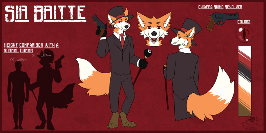 2:1 anthro black_nose canid canine chiappa_rhino clothing dark_red_eyes english_text fancy_clothing fluffy fluffy_tail fox front_view fur hat headgear headwear height_comparison looking_at_viewer looking_back male mammal model_sheet orange_body orange_fur rear_view sir_britte softbitez solo tail text top_hat white_body white_fur