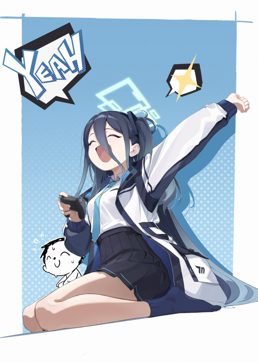 1girl 1other absurdly_long_hair absurdres aris_(blue_archive) arm_up arona's_sensei_doodle_(blue_archive) black_hair black_skirt blue_archive blue_background blue_necktie blue_socks breasts clenched_hand closed_eyes commentary_request controller flying_sweatdrops game_controller gradient_background hair_between_eyes halo highres holding holding_controller holding_game_controller jacket joystick kanade10051 long_hair monochrome necktie on_floor open_mouth pleated_skirt polka_dot polka_dot_background seiza sensei_(blue_archive) shirt side_ponytail sidelocks sitting skirt small_breasts smile socks speech_bubble spoken_sparkle sweat very_long_hair white_jacket white_shirt