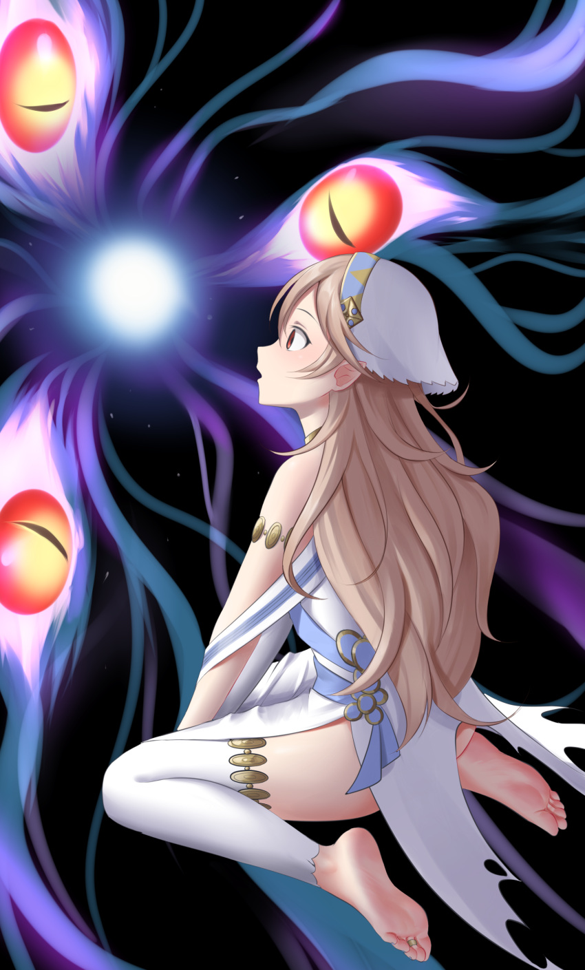 absurdres armlet bare_arms barefoot blue_ribbon corrin_(female)_(fire_emblem) corrin_(fire_emblem) detached_leggings dress feet fire_emblem fire_emblem_fates from_side highres jewelry leggings legs light_brown_hair long_hair looking_at_another maozi_dan official_alternate_costume open_mouth pointy_ears red_eyes ribbon shiny_skin sleeveless sleeveless_dress soles thighs toe_ring toes torn_clothes torn_dress white_dress white_headwear white_leggings