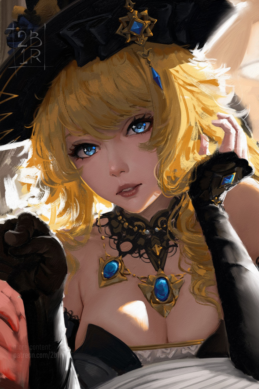 1girl absurdres artist_name bare_shoulders black_gloves black_headwear blonde_hair blue_eyes blue_gemstone breasts cleavage commentary detached_sleeves drill_hair drill_sidelocks faux_traditional_media fingerless_gloves gem genshin_impact gloves hat highres impasto jewelry leaning_on_table lipstick long_hair looking_at_viewer makeup medium_breasts navia_(genshin_impact) painterly parted_lips pointing ravine_bells sidelocks single_fingerless_glove sitting solo