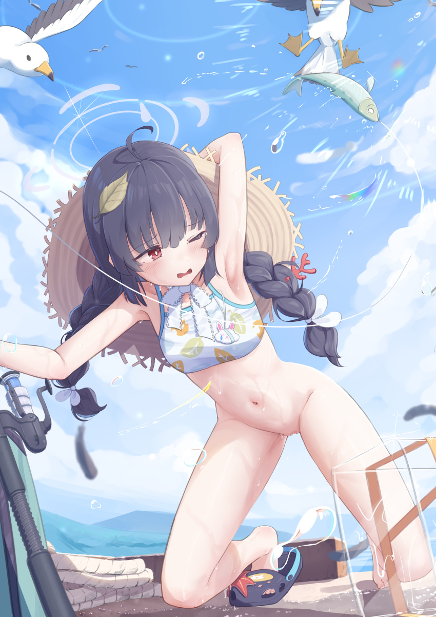 1girl absurdres ahoge arm_up bikini bird black_footwear black_hair blue_archive blue_sky blush bottomless breasts brown_headwear chinese_commentary cleft_of_venus commentary_request coral crocs grey_halo groin halo hat hat_around_neck highres kneeling leaf_print miyu_(blue_archive) miyu_(swimsuit)_(blue_archive) navel official_alternate_costume one_eye_closed outdoors parted_lips petite print_bikini pussy red_eyes sky small_breasts solo starfish straw_hat swimsuit t-hou wavy_mouth white_bikini