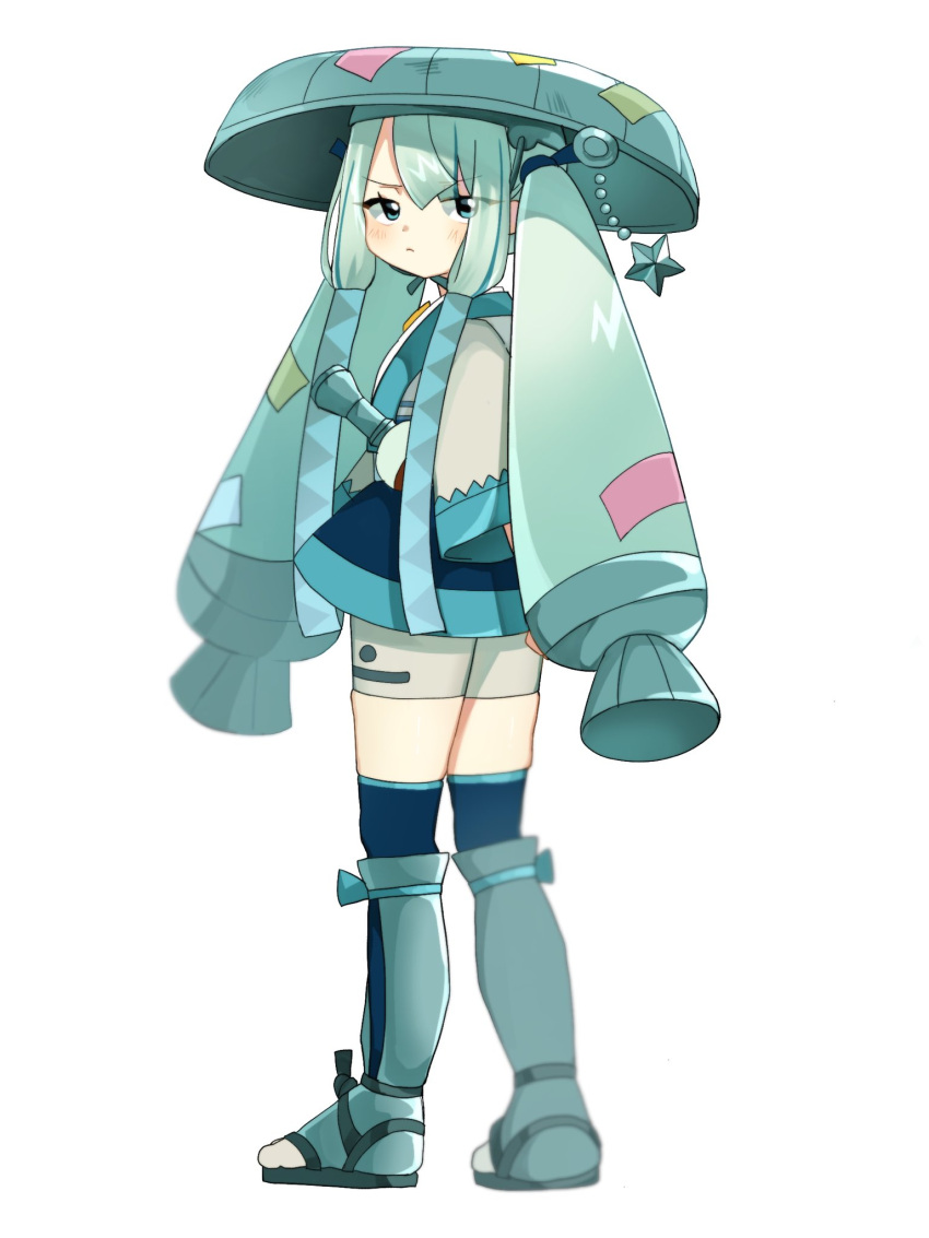 &gt;:( 1girl aqua_hair aqua_headwear blue_eyes blue_hair blue_skirt blue_thighhighs chin_strap closed_mouth eyes_visible_through_hair flute frown full_body hair_between_eyes hat hat_ornament hatsune_miku highres instrument japanese_clothes kimono long_hair miniskirt multicolored_hair over-kneehighs poke_flute pokemon project_voltage q050_8m sandogasa shorts shorts_under_skirt simple_background skirt solo standing star_(symbol) star_hat_ornament steel_miku_(project_voltage) streaked_hair tanzaku thighhighs twintails two-tone_hair v-shaped_eyebrows very_long_hair vocaloid white_background white_kimono white_shorts