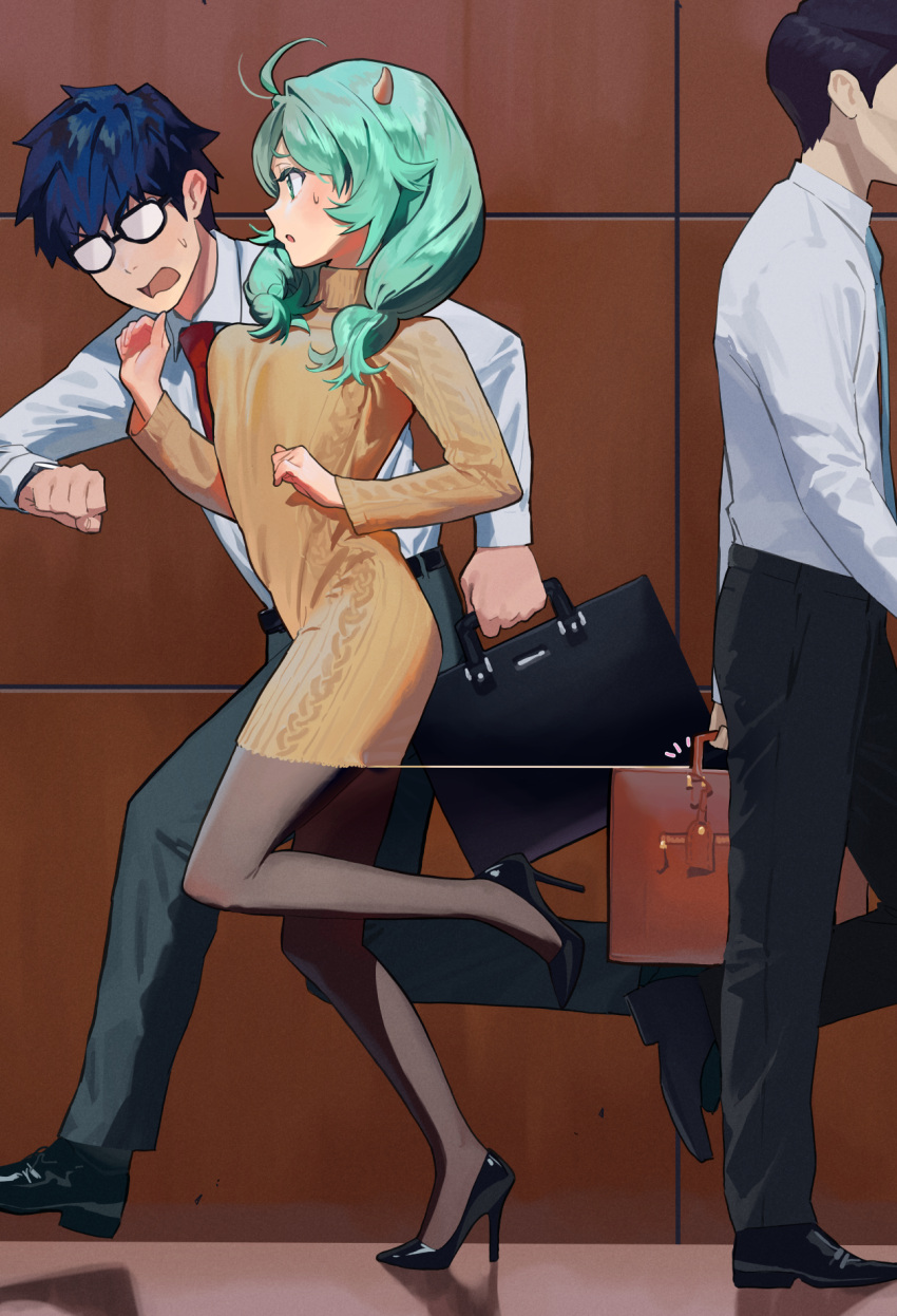 1girl 2boys ahoge aqua_eyes aqua_hair aran_sweater black_footwear blush breasts brown_pantyhose cable_knit collared_shirt dress from_side full_body hair_over_shoulder high_heels highres horns long_hair long_sleeves looking_at_another multiple_boys necktie notice_lines office_lady open_mouth original pants pantyhose pencil_dress perky_breasts profile running shirt short_dress some1else45 suitcase sweatdrop sweater sweater_dress swept_bangs tan_sweater thread turtleneck turtleneck_dress turtleneck_sweater twintails white_shirt