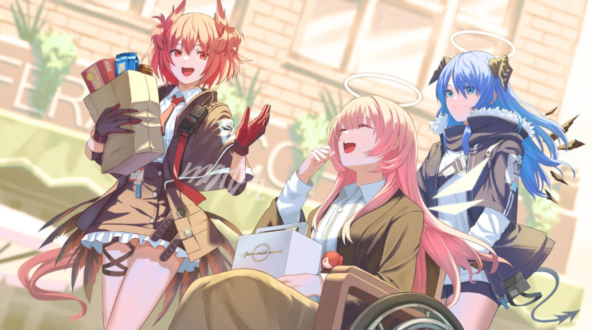 3girls :d animal_ears arknights bag bird_ears bird_tail black_gloves black_jacket black_necktie black_shorts black_skirt black_wings blue_eyes blue_hair box brown_jacket building character_doll collared_shirt cowboy_shot day demon_horns demon_tail detached_wings dutch_angle energy_wings exusiai_(arknights) feathers fiammetta_(arknights) frilled_skirt frills fur-trimmed_jacket fur_trim gloves halo hands_up high-waist_skirt holding holding_bag horns id_card jacket laterano_logo layered_sleeves lemuen_(arknights) long_hair long_sleeves looking_at_viewer memetaroh mostima_(arknights) multiple_girls necktie open_clothes open_jacket open_mouth outdoors paper_bag pink_hair plant red_eyes red_gloves red_hair red_necktie shirt shirt_tucked_in shopping_bag short_shorts shorts sitting skirt sleeves_past_elbows smile striped striped_shirt tail teeth two-tone_gloves two-tone_necktie upper_teeth_only walkie-talkie wheelchair white_shirt window wings
