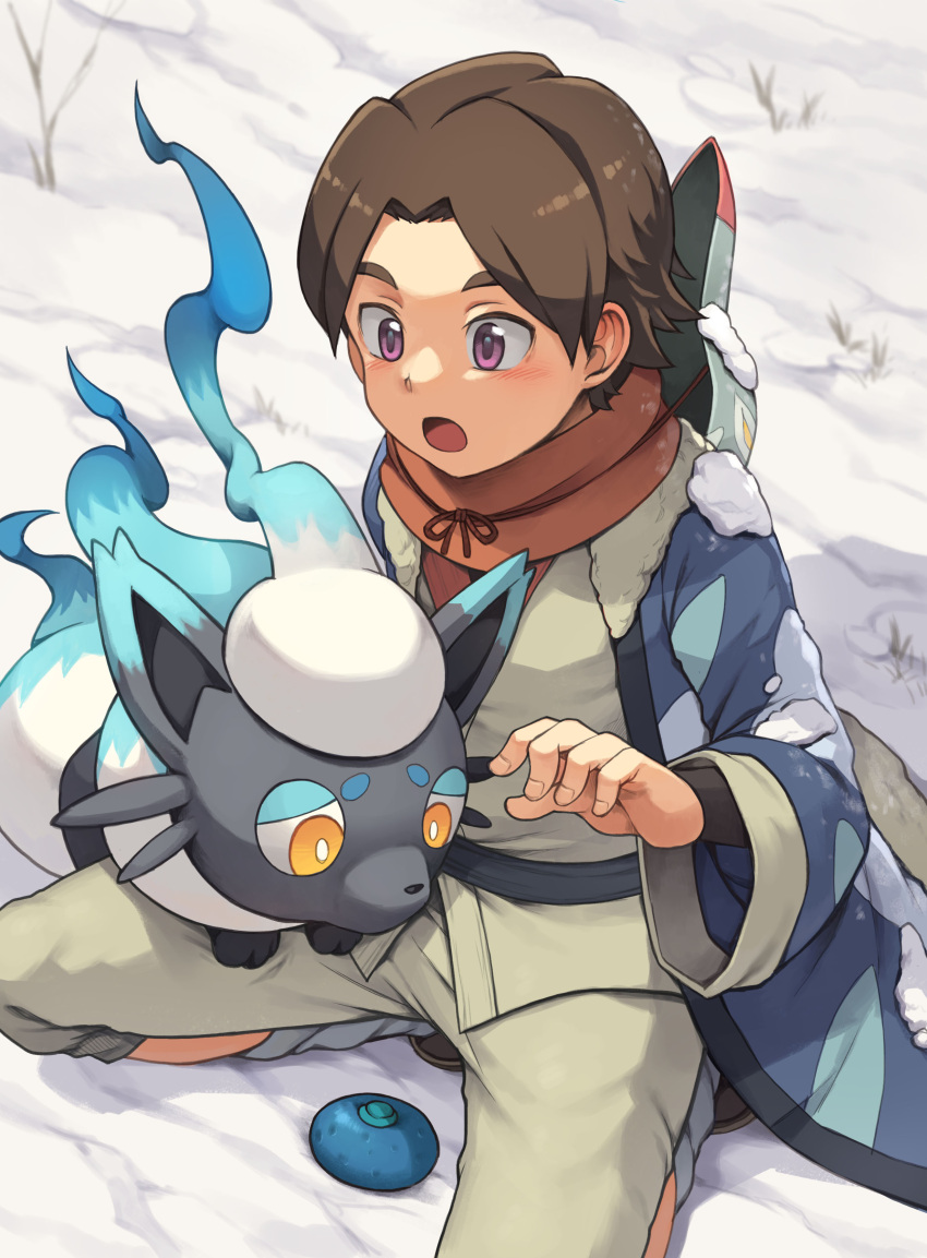 1boy :o absurdres alec_(pokemon) alternate_color beater berry_(pokemon) black_shirt blush brown_hair capri_pants coat commentary_request day highres hisuian_zorua looking_down male_focus open_clothes open_coat open_mouth oran_berry outdoors pants pokemon pokemon:_hisuian_snow pokemon_(creature) purple_eyes shiny_pokemon shirt short_hair snow tongue vest