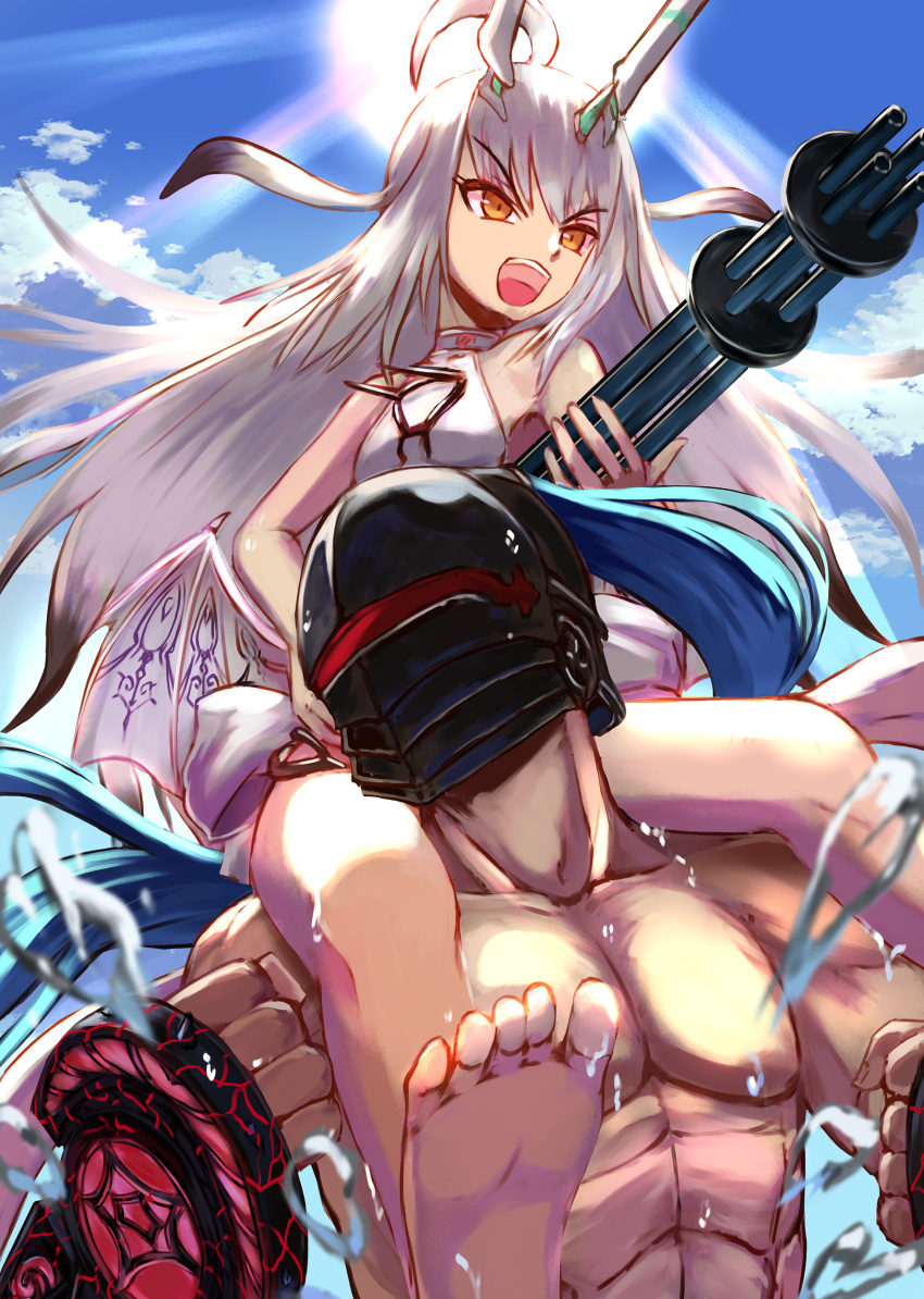 1boy 1girl absurdres ahoge barefoot berserker_(fate/zero) brass_knuckles brown_eyes carrying dragon_horns dragon_wings fate/grand_order fate_(series) feet gatling_gun helm helmet highres horns inugami86 long_hair melusine_(fate) melusine_(swimsuit_ruler)_(fate) one-piece_swimsuit shoulder_carry soles sun swimsuit toes water weapon weapon_switch white_hair white_one-piece_swimsuit wings