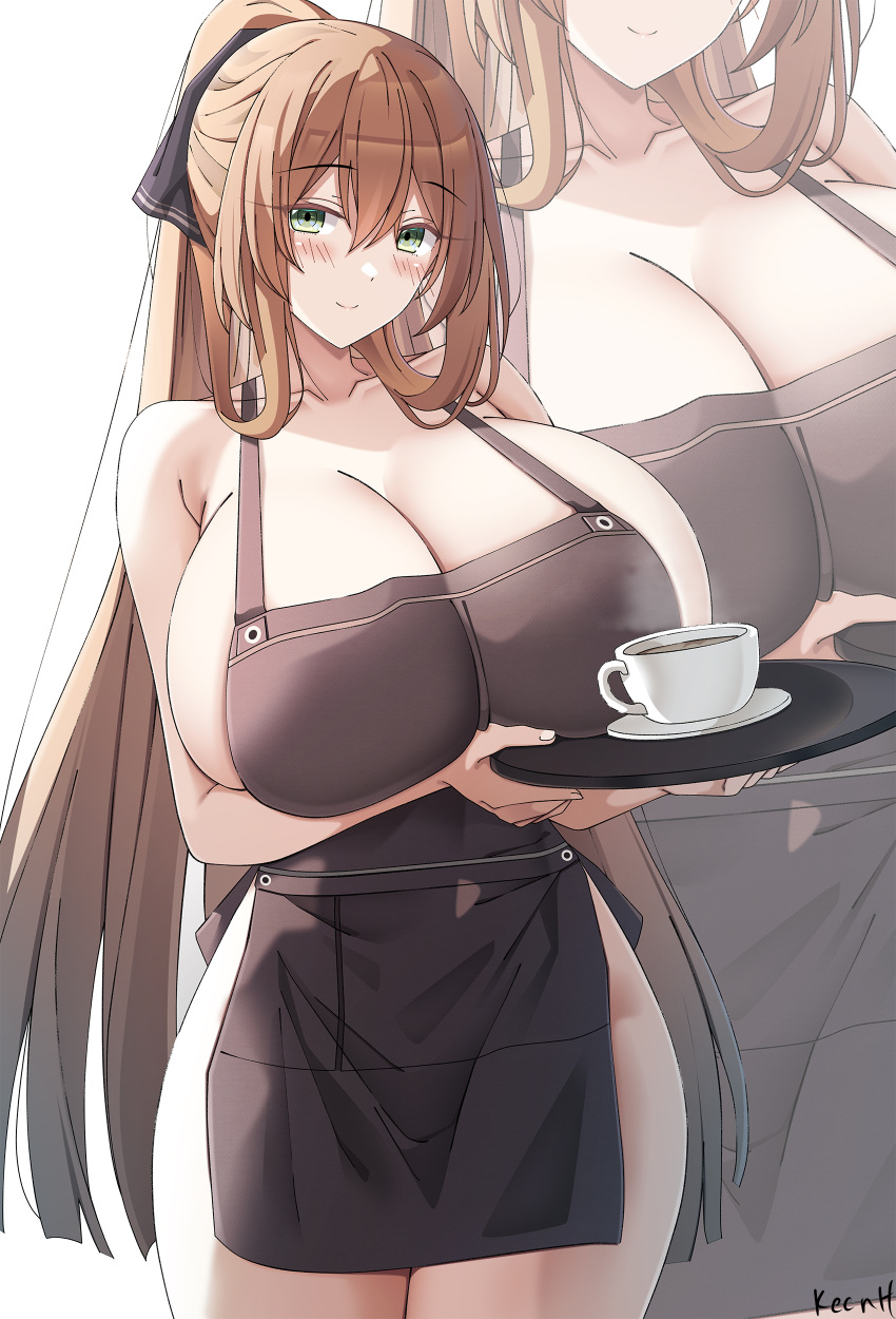 1girl absurdres apron blush breasts brown_hair closed_mouth collarbone cup girls'_frontline green_eyes highres holding holding_tray huge_breasts keenh long_hair looking_at_viewer naked_apron ponytail simple_background smile solo springfield_(girls'_frontline) teacup tray white_background wide_hips zoom_layer