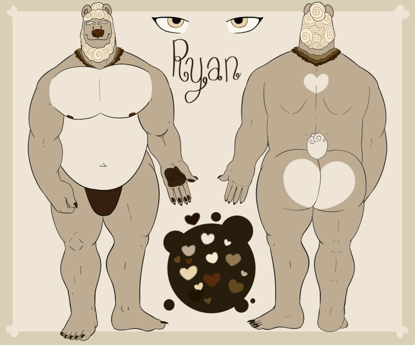 anthro banana_hammock bear big_breasts breasts butt feet fur hi_res male mammal model_sheet nipples pawpads ryanburr solo tail tan_body tan_fur ursine