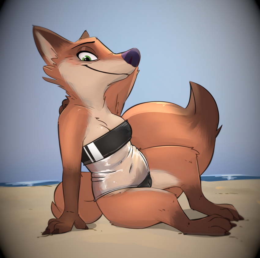 2023 anthro beach breasts camel_toe canid canine cleavage clothed clothing disney female fox full-length_portrait fur gris_swimsuit hand_behind_head hi_res honeymono mammal mature_female meme meme_clothing mrs._wilde one-piece_swimsuit orange_body orange_fur outside portrait sand seaside sitting solo swimwear translucent translucent_clothing translucent_swimwear zootopia