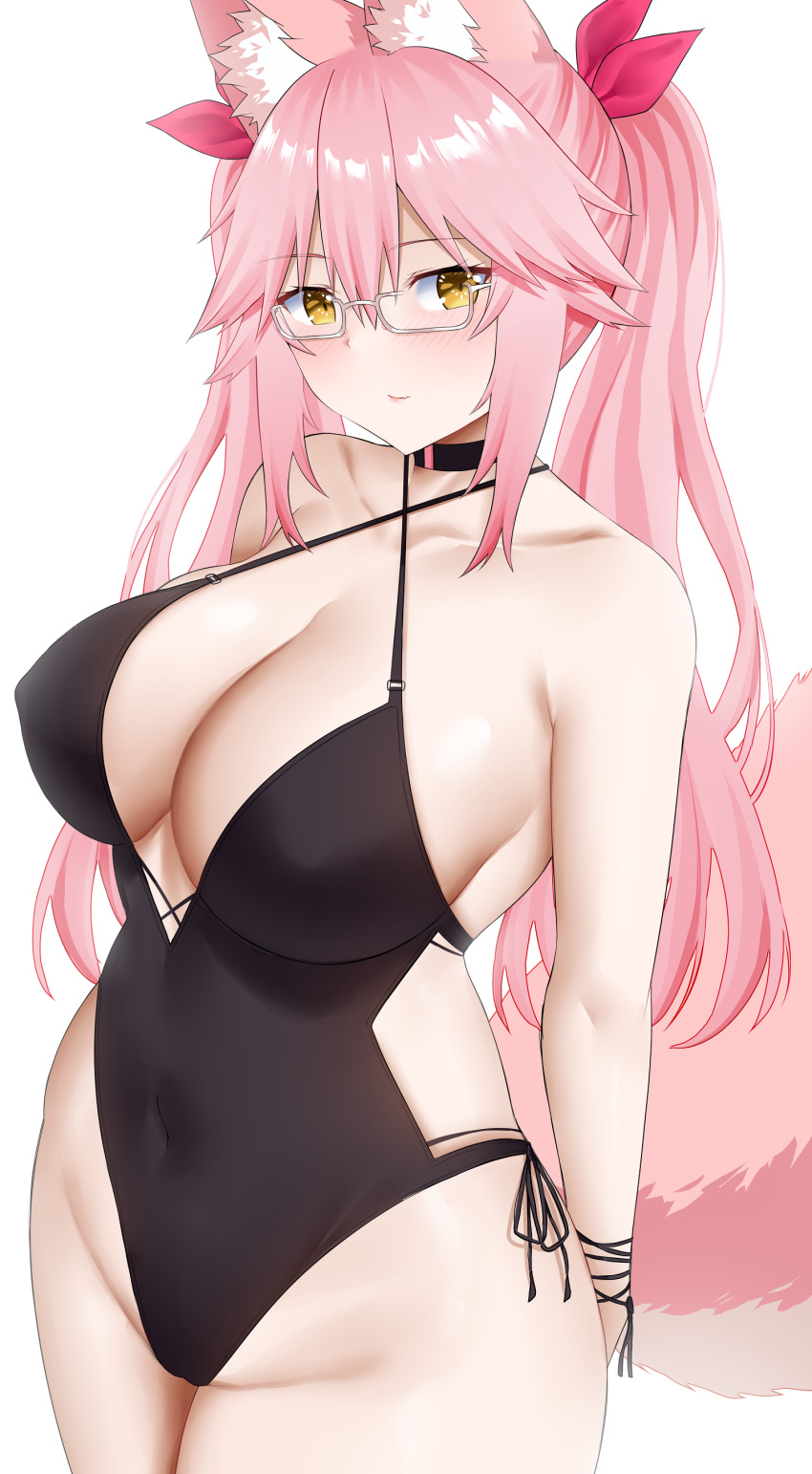 1girl absurdres animal_ear_fluff animal_ears arind_yudha bare_shoulders black_one-piece_swimsuit blush breasts choker cleavage collarbone covered_navel fate/grand_order fate_(series) fox_ears fox_girl fox_tail glasses hair_between_eyes hair_ribbon highres koyanskaya_(fate) koyanskaya_(twin_tail)_(fate) large_breasts long_hair looking_at_viewer one-piece_swimsuit pink_hair pink_ribbon ribbon sidelocks swimsuit tail tamamo_(fate) thighs twintails yellow_eyes