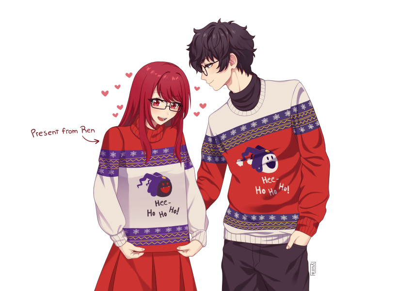 1boy 1girl absurdres amamiya_ren black_hair blush character_print christmas christmas_sweater curly_hair glasses highres long_hair long_sleeves multicolored_sweater persona persona_5 persona_5_the_royal print_sweater red_eyes red_hair red_sweater scribble short_hair smile sweater ugly_sweater yoshizawa_kasumi yoshizawa_sumire yura_s_arts