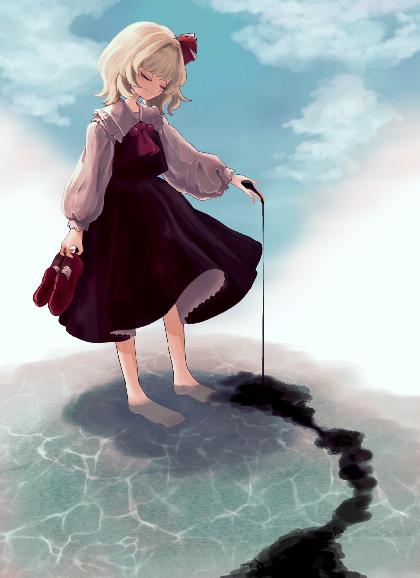 1girl ascot barefoot black_skirt black_vest blonde_hair closed_eyes closed_mouth collared_shirt darkness frilled_shirt_collar frills hair_ribbon highres holding holding_shoes long_sleeves red_ascot red_footwear red_ribbon ribbon rumia shirt shoes short_hair skirt smile solo touhou umebitan vest water white_shirt