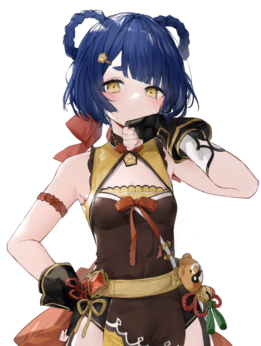 1girl asymmetrical_bangs bare_shoulders belt black_gloves black_shorts blue_hair blush bow bow-shaped_hair breasts brown_ribbon brown_tabard closed_mouth commentary_request crystal genshin_impact gloves guoba_(genshin_impact) hair_bow hair_ornament hand_on_hip hand_up highres looking_away medium_breasts red_bow red_ribbon ribbon short_hair short_shorts shorts simple_background solo standing suashi sweat sweatdrop tabard tassel vision_(genshin_impact) white_background xiangling_(genshin_impact) yellow_belt yellow_eyes