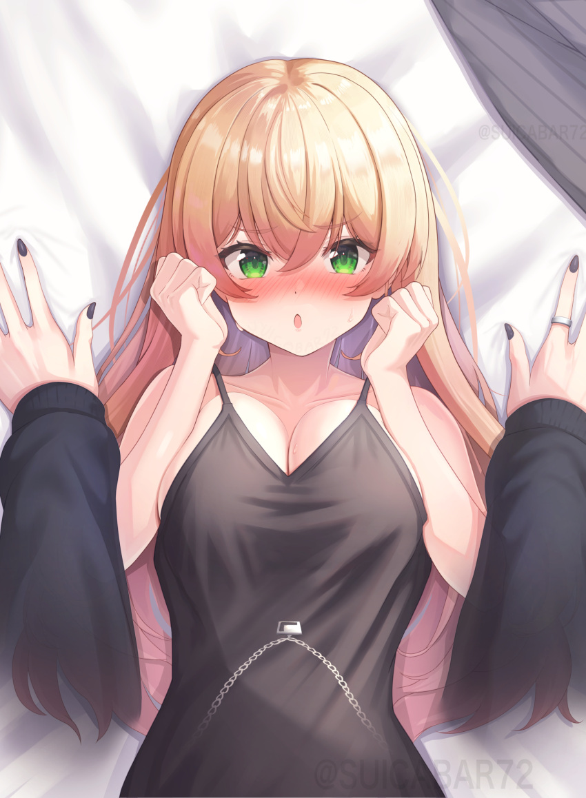 2girls absurdres black_nails black_shirt blonde_hair breasts cleavage female_pov green_eyes highres hiodoshi_ao hololive jewelry large_breasts long_hair looking_at_viewer momosuzu_nene multiple_girls nail_polish necklace open_mouth pov ring shirt suicabar72 virtual_youtuber