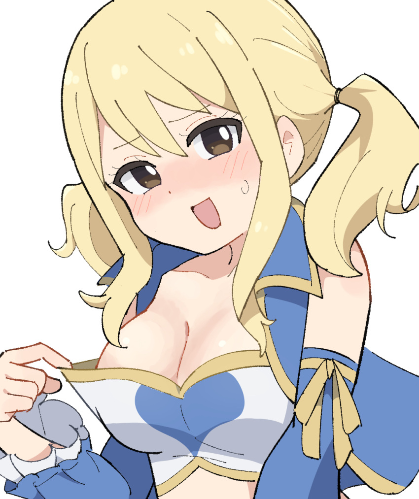 1girl :d areola_slip bare_shoulders blonde_hair blush breasts brown_eyes cleavage collarbone detached_sleeves fairy_tail frilled_sleeves frills hair_between_eyes highres long_sleeves looking_at_viewer lucy_heartfilia medium_breasts medium_hair nagumo_uka open_mouth ribbon short_twintails sidelocks simple_background smile sweatdrop swept_bangs twintails white_background yellow_ribbon