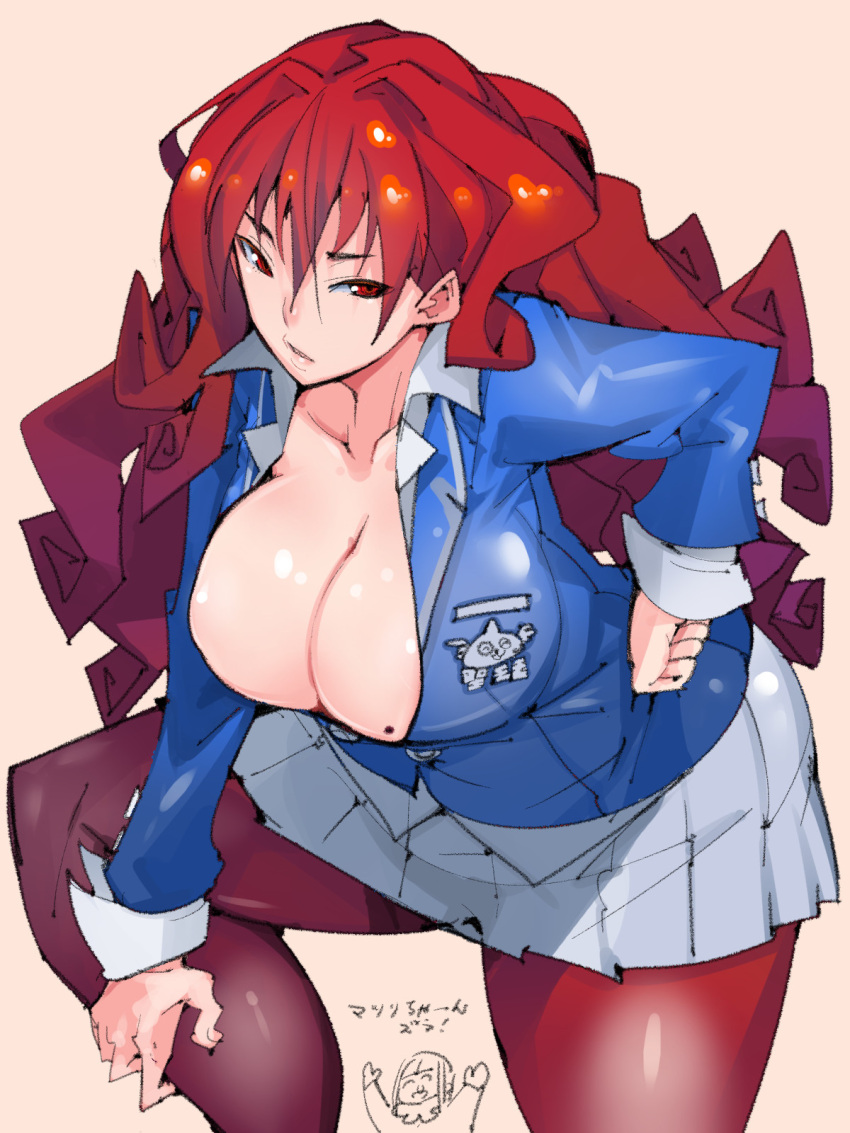 1girl blue_shirt breasts buttons cleavage collarbone curvy grey_skirt hair_between_eyes hand_on_hip highres large_breasts long_hair long_sleeves looking_at_viewer matsuri_(teriyaki) mole mole_on_breast multicolored_hair original pantyhose red_eyes red_hair school_uniform shirt simple_background skirt solo takayama_toshinori thick_thighs thighs translated two-tone_hair