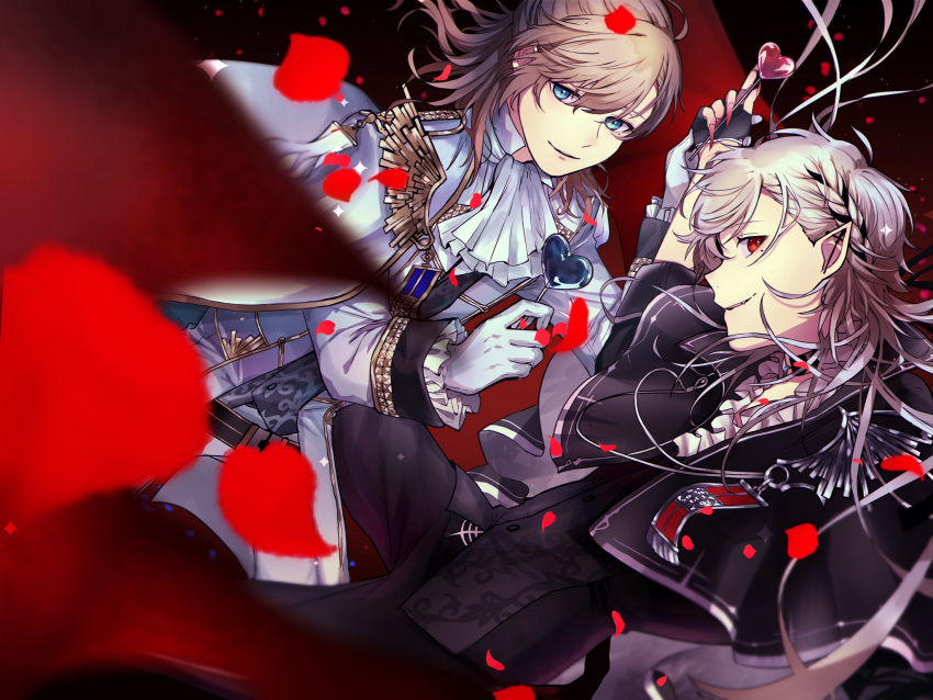 2boys ascot black_jacket black_pants blue_eyes brown_hair candy chronoir ear_piercing epaulettes fangs food heart heart_lollipop highres jacket kanae_(nijisanji) kuzuha_(nijisanji) lollipop long_sleeves looking_at_viewer male_focus mole mole_under_eye multiple_boys nijisanji ojou_(morimorimono) pants petals piercing pointy_ears red_eyes red_theme shaped_lollipop smile virtual_youtuber white_hair white_jacket