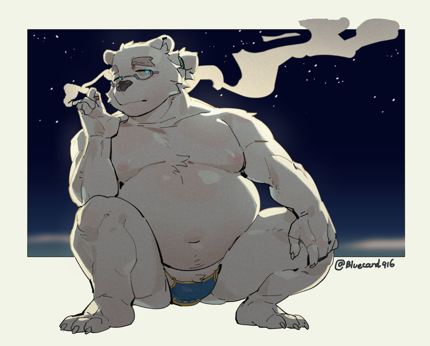 anthro bear belly bluecard916 bulge cigarette clothing crouching eyewear fupa fur glasses hi_res leib_(tas) lifewonders male mammal moobs musclegut navel night nipples overweight pink_nipples polar_bear sky smoking solo speedo star starry_sky swimwear tokyo_afterschool_summoners ursine white_body white_fur