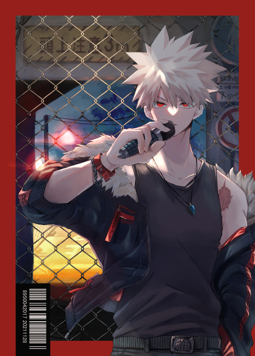 1boy absurdres alternate_costume arm_at_side back_cover bakugou_katsuki barcode belt black_tank_top blonde_hair blue_sky boku_no_hero_academia border bracelet bright_pupils casual chain-link_fence character_name clothes_writing cloud cloudy_sky collarbone cover dusk english_text evening expressionless eyebrows_hidden_by_hair fence floating_clothes fur-trimmed_jacket fur_trim green_pupils hair_between_eyes hand_up highres holding holding_microphone jacket jewelry light looking_at_viewer male_focus microphone nao_(n_sai_ao) necklace no_trucks_sign off_shoulder open_clothes open_jacket outside_border parted_lips pocket power_lines red_border red_eyes road road_sign sanpaku scar short_hair sign single_bare_shoulder single_vertical_stripe sky sleeveless sleeves_past_elbows solo spiked_hair spoilers straight-on tank_top tooth_necklace two-sided_fabric two-sided_jacket upper_body utility_pole v-shaped_eyebrows watch wristwatch zipper zipper_pull_tab