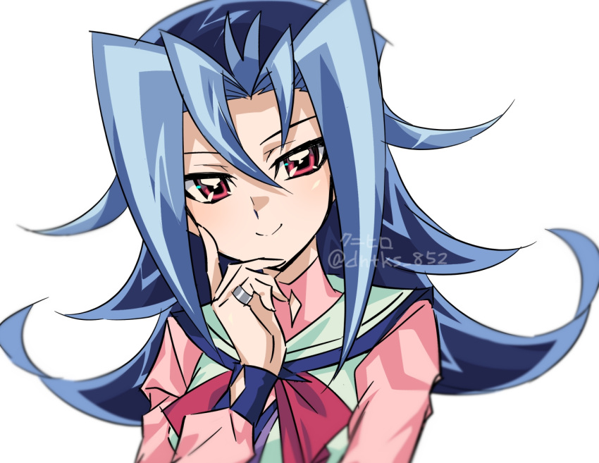 1girl artist_name blue_hair dyed_bangs flipped_hair hair_between_eyes jewelry kamishiro_rio knhrpnkt long_hair looking_at_viewer multicolored_hair red_eyes ring sailor_collar signature simple_background smile solo twitter_username two-tone_hair upper_body white_background yu-gi-oh! yu-gi-oh!_zexal
