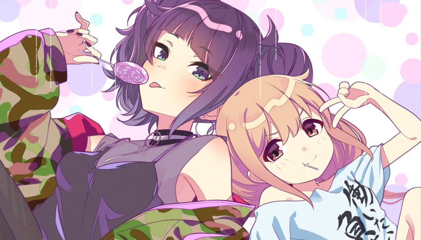 2girls :q back-to-back bare_shoulders black_shirt blonde_hair blush breasts brown_eyes camouflage camouflage_jacket candy choker collarbone diagonal_bangs earrings eating food futaba_anzu highres holding holding_candy holding_food holding_lollipop idolmaster idolmaster_cinderella_girls idolmaster_cinderella_girls_starlight_stage idolmaster_shiny_colors jacket jewelry knee_up lollipop long_hair looking_at_viewer lying_on_person medium_breasts multiple_girls nail_polish polka_dot polka_dot_background purple_eyes purple_hair purple_nails shirt short_twintails smile t-shirt tanaka_mamimi ten231523_2 tongue tongue_out twintails v very_long_hair