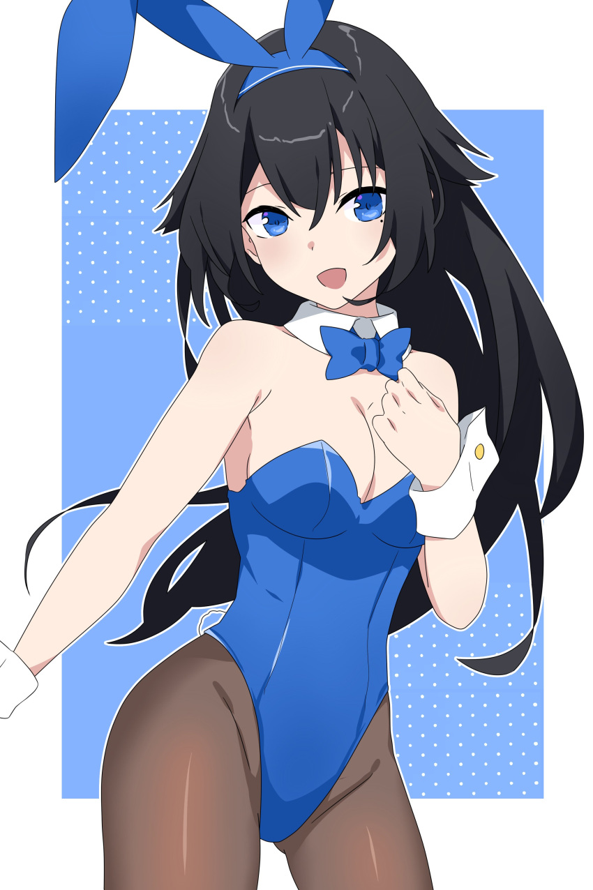 1girl absurdres animal_ears ass_visible_through_thighs black_hair blue_eyes border bow bowtie breasts cleavage detached_collar english_commentary girls'_frontline hand_on_own_chest highres long_hair looking_at_viewer medium_breasts outside_border pantyhose playboy_bunny polka_dot polka_dot_background rabbit_ears smile solo super_sass_(girls'_frontline) vanna white_border wrist_cuffs