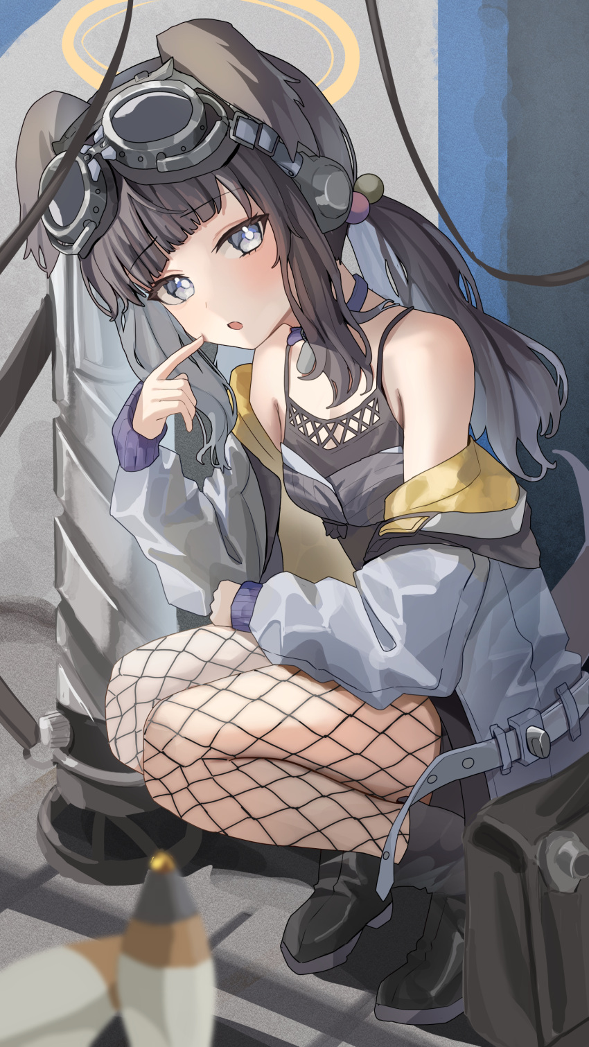 1girl absurdres animal_ears black_camisole black_footwear black_hair blue_archive boots camisole dog_ears dog_tail fishnet_pantyhose fishnets goggles goggles_on_head grey_eyes grey_jacket guree_(haiiro) hair_bobbles hair_ornament halo hibiki_(blue_archive) highres jacket long_hair long_sleeves looking_at_viewer open_mouth pantyhose ponytail solo squatting tail yellow_halo