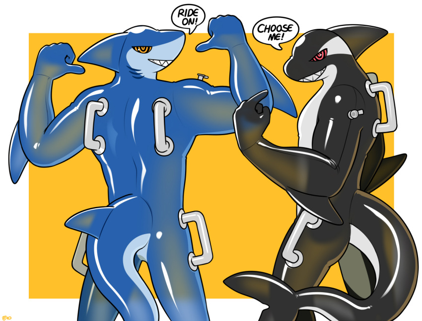 animate_inanimate anthro dialogue duo english_text fin fish glistening glistening_body grin hacony head_fin hi_res inflatable living_inflatable male marine semi-transparent shark simple_background smile speech_bubble tail tail_fin text