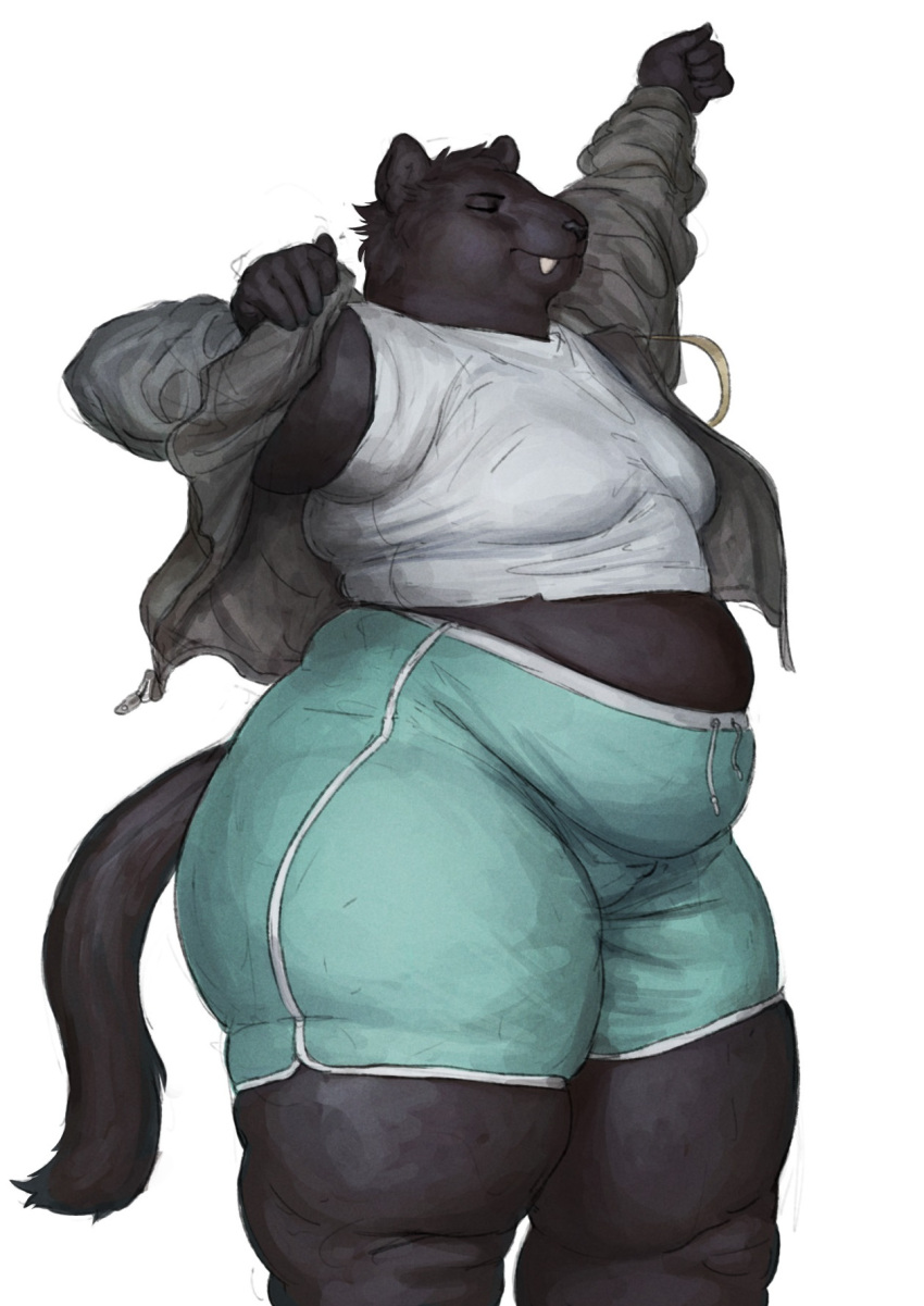 2022 anthro belly black_body black_fur bottomwear cettus clothed clothing crop_top dressing eyes_closed felid female fur hi_res jacket mammal overweight overweight_anthro overweight_female pantherine pants serafina_(cettus) shirt simple_background solo standing tail tank_top topwear white_background