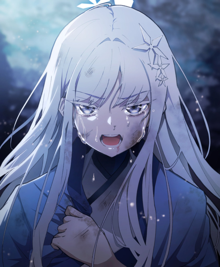 1girl blue_archive crying crying_with_eyes_open grey_eyes hair_ornament halo haori highres japanese_clothes kirigakure_(user_yvtj2773) long_hair looking_at_viewer nagusa_(blue_archive) open_mouth portrait solo tears white_hair