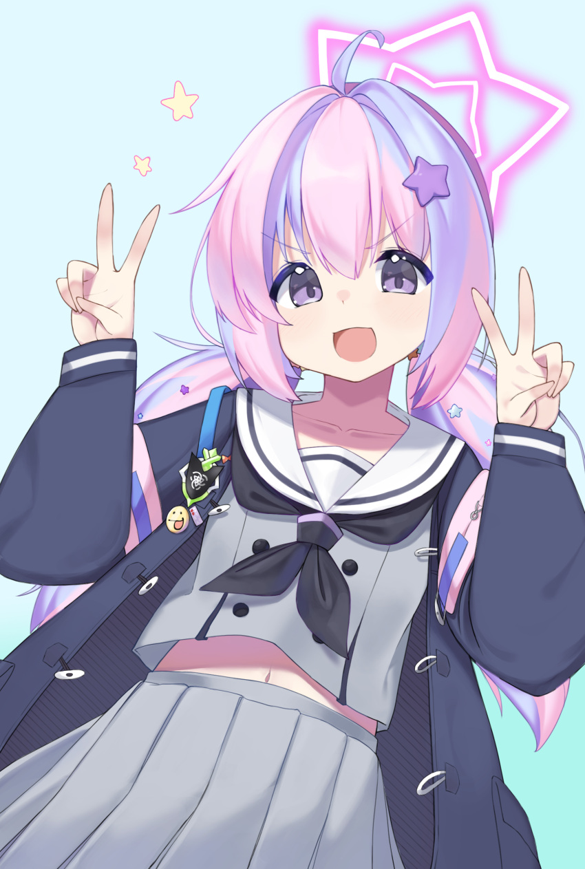 1girl :3 absurdres blue_archive blue_hair coat double_v duffel_coat hair_ornament halo highres jacket long_hair looking_at_viewer low_twintails midriff mirami_(tatarim39) multicolored_hair navel neckerchief open_mouth pink_hair purple_eyes reisa_(blue_archive) school_uniform serafuku smile solo star_(symbol) star_hair_ornament star_halo twintails v v-shaped_eyebrows