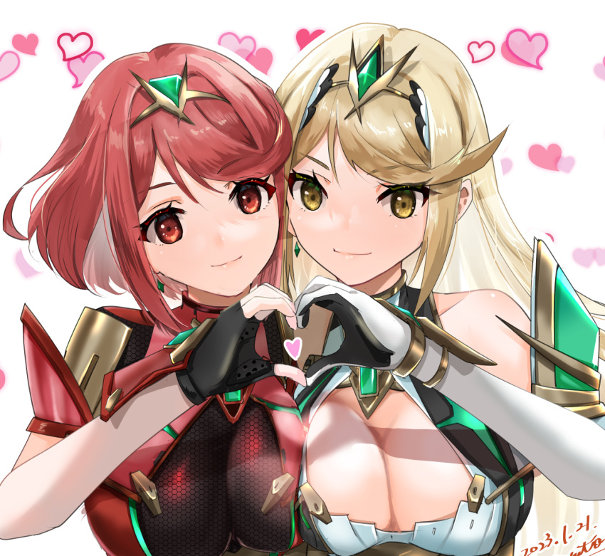 2girls bare_shoulders black_gloves black_leotard bloomers breasts cleavage closed_mouth dated elbow_gloves fingerless_gloves gloves headpiece heart heart_background heart_hands heart_hands_duo large_breasts leotard light_brown_hair long_hair multiple_girls mythra_(xenoblade) nayuta-kanata pyra_(xenoblade) red_eyes red_hair signature simple_background smile swept_bangs underwear upper_body white_background white_bloomers xenoblade_chronicles_(series) xenoblade_chronicles_2 yellow_eyes