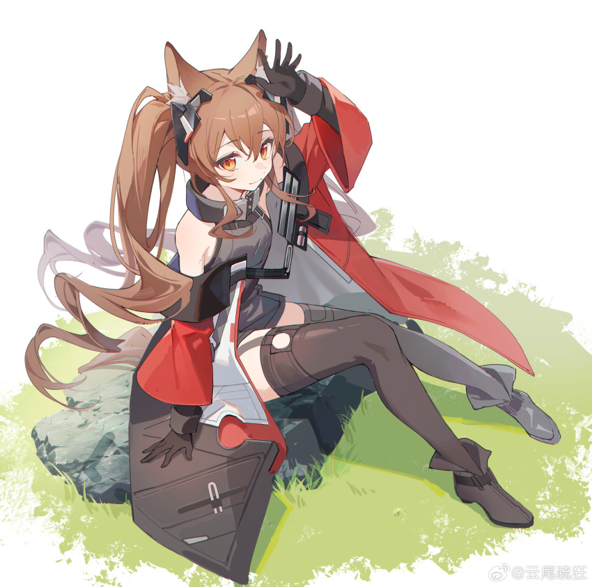 1girl angelina_(arknights) angelina_(endfield)_(arknights) animal_ear_fluff animal_ears arknights arknights:_endfield arm_up bare_shoulders black_collar black_dress black_footwear black_gloves black_thighhighs brown_hair chromatic_aberration closed_mouth coat collar diamond-shaped_pupils diamond_(shape) dress drill_hair fox_ears fox_girl full_body gloves headgear high_belt highres long_hair long_sleeves looking_at_viewer on_grass open_clothes open_coat orange_eyes red_coat rock simple_background sitting sitting_on_rock sleeveless sleeveless_dress smile solo symbol-shaped_pupils thighhighs twintails weibo_username white_background wide_sleeves yunweishukuang