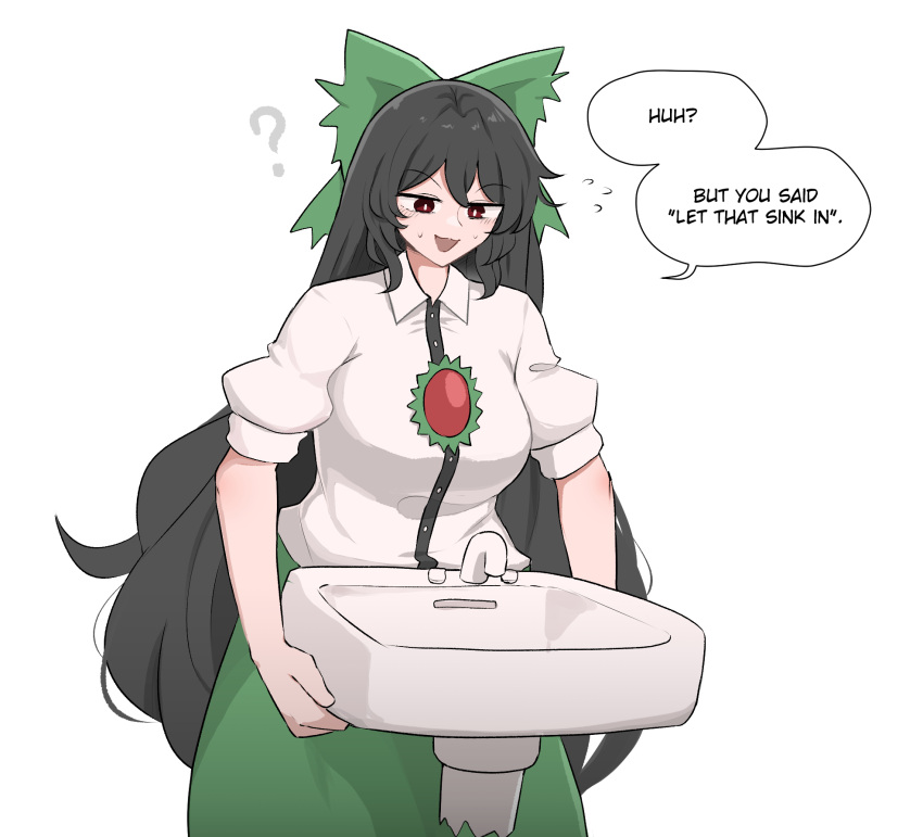 1girl ? black_hair bow breasts buttons collared_shirt commentary cowboy_shot elon_musk english_commentary english_text faucet flying_sweatdrops green_bow green_skirt hair_bow highres holding_sink large_breasts long_hair mata_(matasoup) meme open_mouth puffy_short_sleeves puffy_sleeves pun red_eyes reiuji_utsuho shirt short_sleeves sink skirt small_head solo speech_bubble sweatdrop third_eye_on_chest too_literal touhou very_long_hair white_shirt