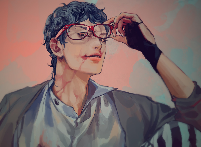 1boy :d black_eyes black_gloves blood blood_on_face blue_hair collared_shirt fingerless_gloves ghiaccio glasses gloves grey_jacket highres holding holding_eyewear jacket jojo_no_kimyou_na_bouken lips long_sleeves looking_at_viewer male_focus meron_nouka shirt short_hair smile solo teeth upper_body vento_aureo wavy_hair white_shirt