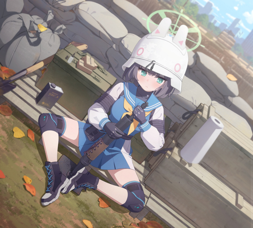 1girl absurdres animal_ears artist_request belt belt_bag black_armband black_belt black_footwear black_gloves black_hair black_undershirt blue_archive blue_serafuku blurry blurry_background blush box breasts bucket_hat butterfly_sitting cargo_pallet cleaning_gun combat_helmet crate dirt full_body game_cg gloves green_eyes green_halo grey_pupils halo hat helmet highres knee_pads leaf medium_breasts medium_hair mortar_(weapon) neckerchief non-web_source official_art oil_can paper_towel park rabbit_ears raglan_sleeves saki_(blue_archive) sandbag school_uniform serafuku sexually_suggestive shovel solo spread_legs stahlhelm tactical_clothes white_helmet yellow_neckerchief