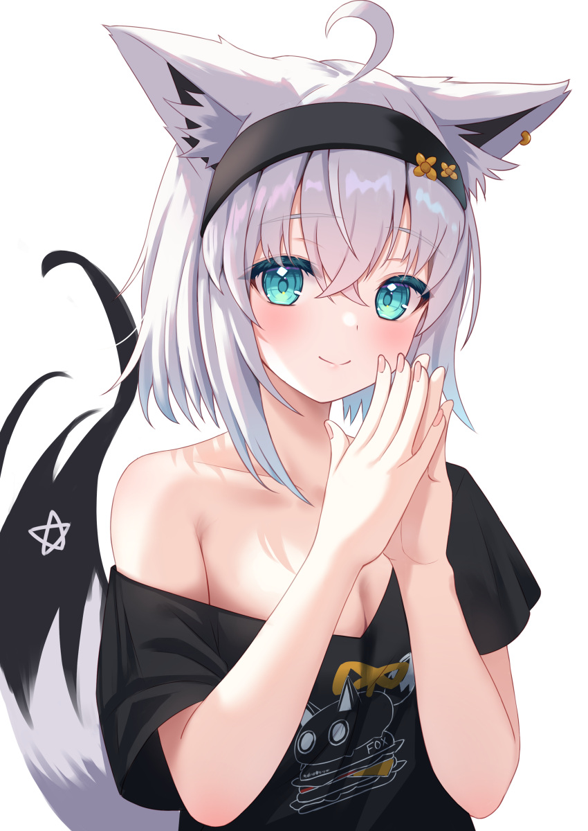 1girl absurdres ahoge animal_ears black_headband black_shirt blue_eyes blush breasts cleavage fox_ears fox_girl fox_tail headband highres hololive looking_at_viewer medium_breasts official_alternate_costume own_hands_together shirakami_fubuki shirakami_fubuki_(7th_costume) shirt short_hair smile solo tail togemaru34 virtual_youtuber white_background white_hair