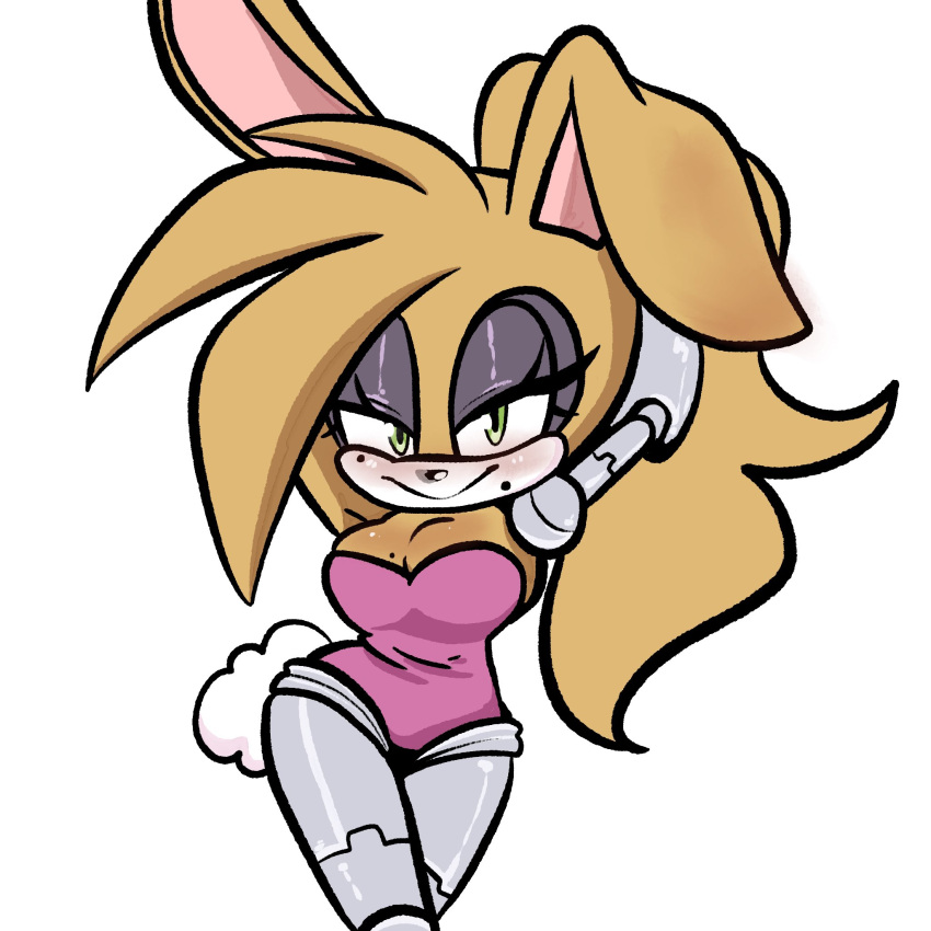 1:1 anthro archie_comics arms_above_head blonde_hair bunnie_rabbot buttermoth clothing eyeshadow female fur green_eyes hair hi_res lagomorph leotard leporid long_hair makeup mammal markings mole_(marking) mole_on_breast rabbit robotic_arm robotic_leg robotic_limb sega smile solo sonic_the_hedgehog_(archie) sonic_the_hedgehog_(comics) sonic_the_hedgehog_(series) yellow_body yellow_fur