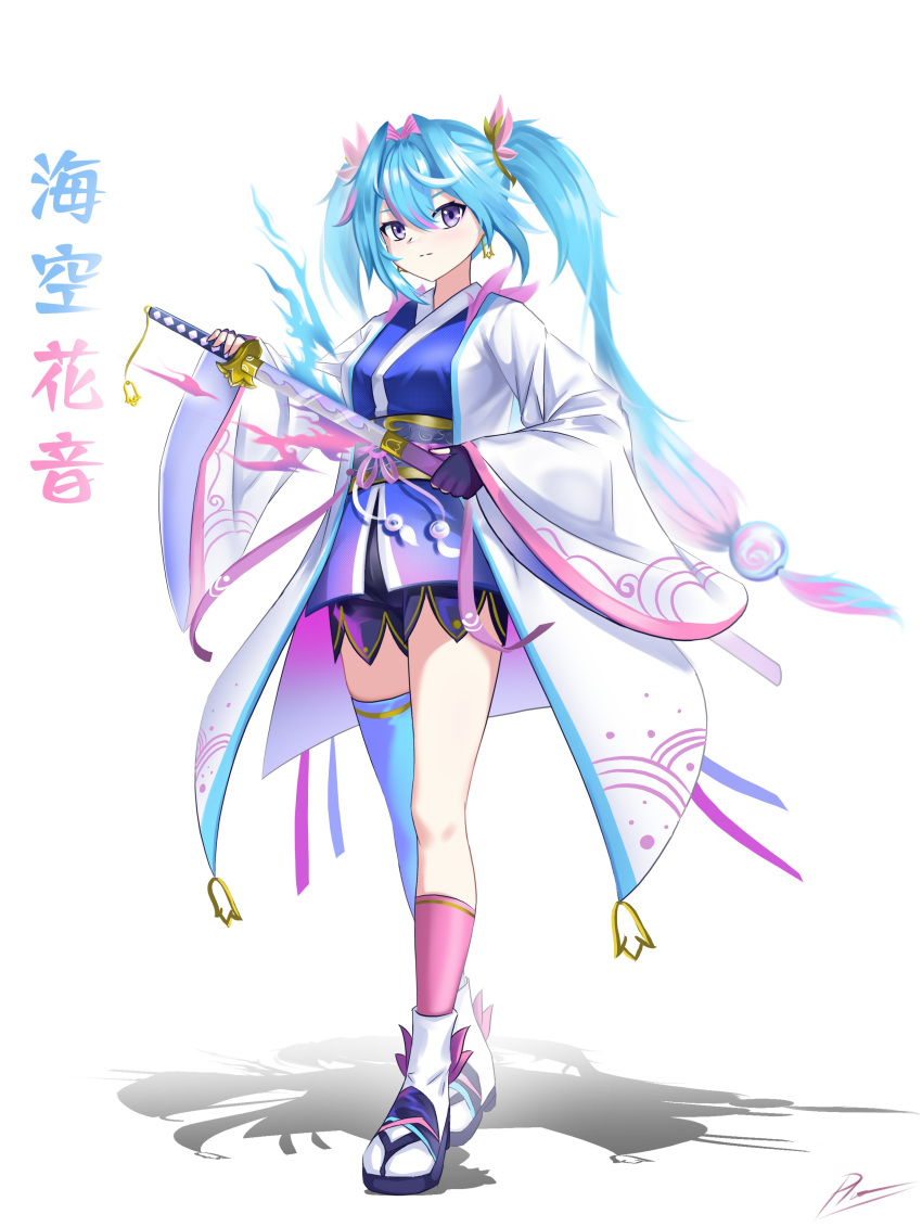 1girl absurdres asymmetrical_legwear blue_fire fire highres hitatsuphat holding holding_sword holding_weapon japanese_clothes katana kimono mismatched_legwear misora_kanon multicolored_hair nijigen_project obi pink_fire purple_eyes sandals sash socks sword vietnamese_commentary virtual_youtuber weapon white_background white_socks