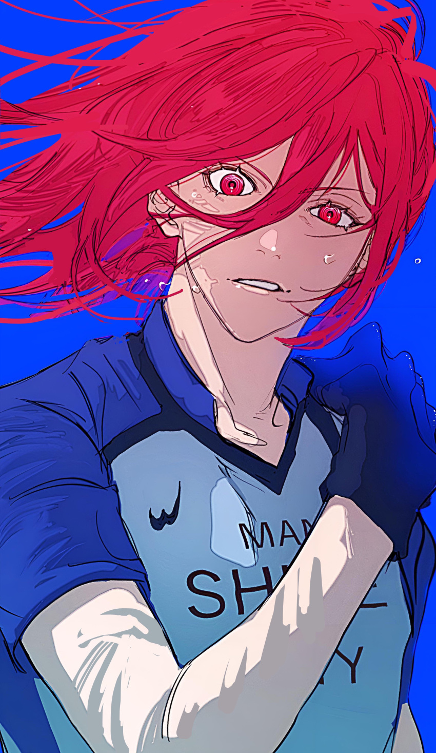 1boy absurdres black_gloves blue_background blue_lock blue_shirt bo_toike57 chigiri_hyoma floating_hair flying_sweatdrops gloves hair_between_eyes highres long_hair looking_at_viewer male_focus red_eyes red_hair shirt sidelocks simple_background soccer_uniform solo sportswear sweat sweatdrop upper_body